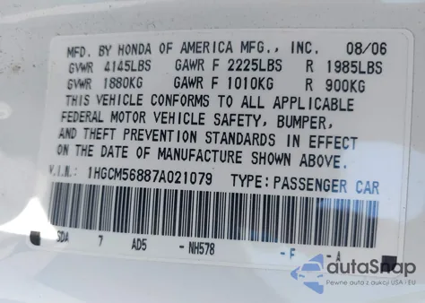 2007 Honda Accord 2.4 Ex z USA, uszkodzony, nr VIN 1HGCM56887A021079